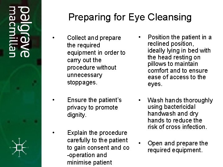 Preparing for Eye Cleansing • Collect and prepare the required equipment in order to