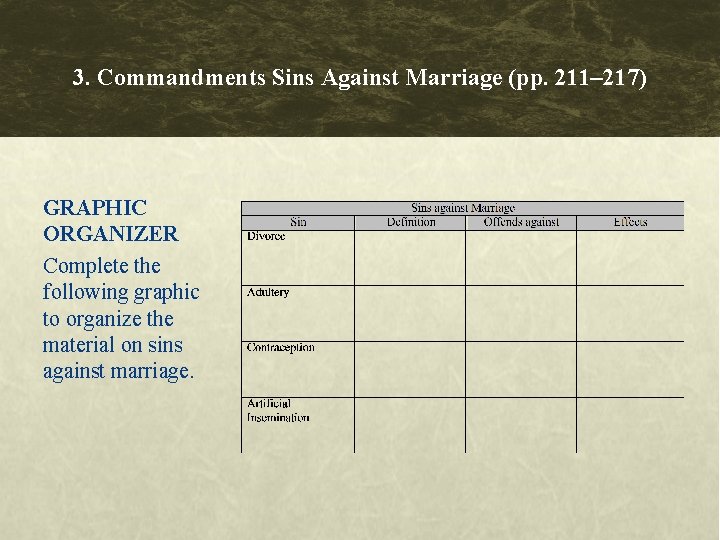 3. Commandments Sins Against Marriage (pp. 211– 217) GRAPHIC ORGANIZER Complete the following graphic