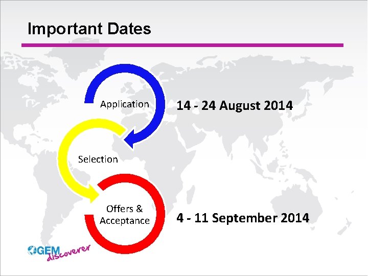 Important Dates Application 14 - 24 August 2014 Selection Offers & Acceptance 4 -