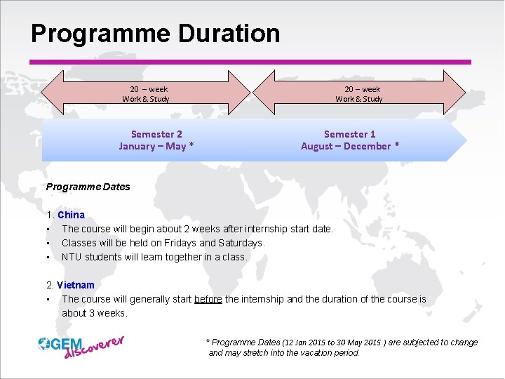 Programme Duration 20 – week Work & Study Semester 2 January – May *