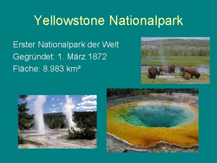 Yellowstone Nationalpark Erster Nationalpark der Welt Gegründet: 1. März 1872 Fläche: 8. 983 km²