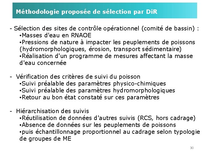 Méthodologie proposée de sélection par Di. R - Sélection des sites de contrôle opérationnel