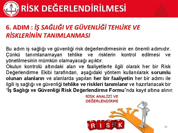 RİSK DEĞERLENDİRİLMESİ 6. ADIM : İŞ SAĞLIĞI VE GÜVENLİĞİ TEHLİKE VE RİSKLERİNİN TANIMLANMASI Bu