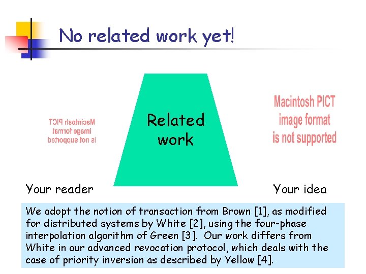 No related work yet! Related work Your reader Your idea We adopt the notion No related work yet! Related work Your reader Your idea We adopt the notion