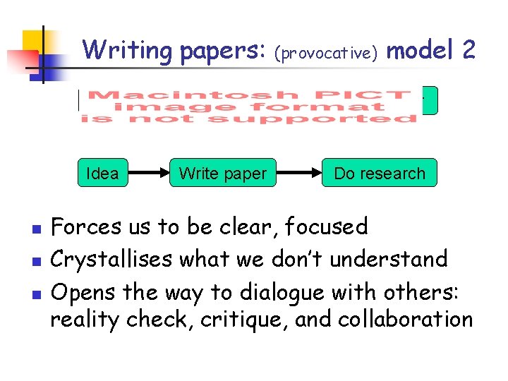 Writing papers: n n n (provocative) model 2 Idea Do research Write paper Idea Writing papers: n n n (provocative) model 2 Idea Do research Write paper Idea