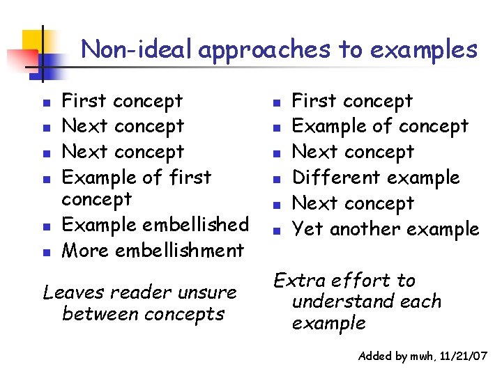 Non-ideal approaches to examples n n n First concept Next concept Example of first Non-ideal approaches to examples n n n First concept Next concept Example of first