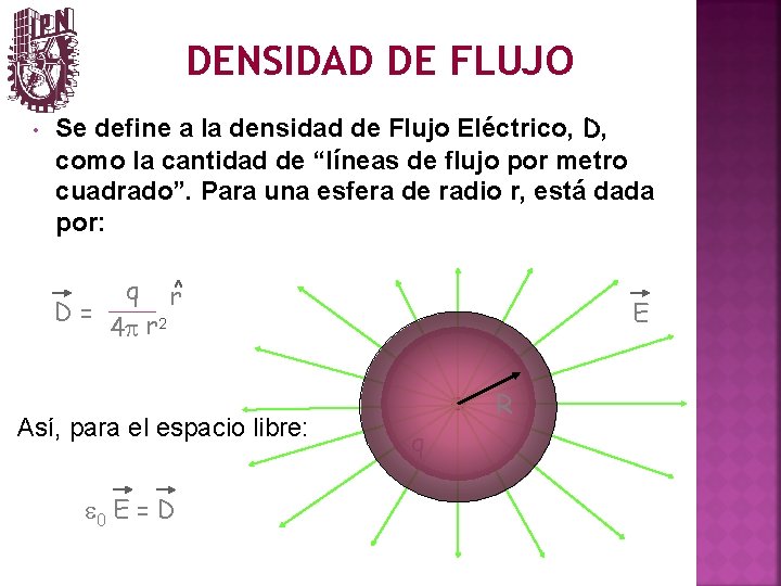 DENSIDAD DE FLUJO • Se define a la densidad de Flujo Eléctrico, D, como