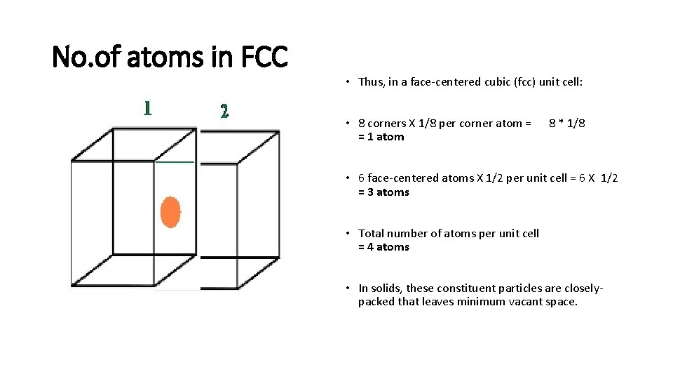 No. of atoms in FCC • Thus, in a face-centered cubic (fcc) unit cell: