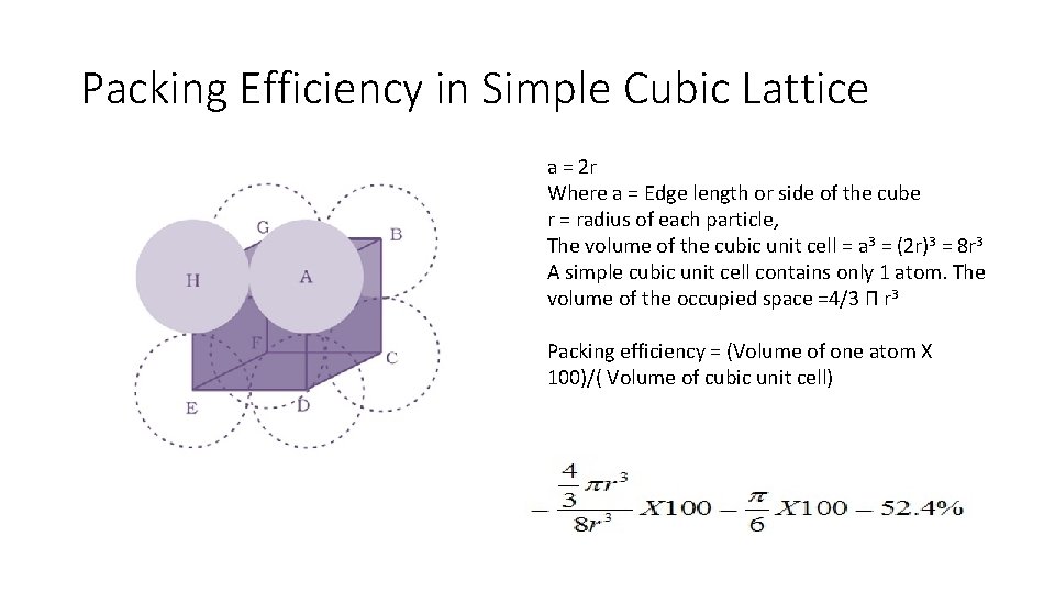 Packing Efficiency in Simple Cubic Lattice a = 2 r Where a = Edge