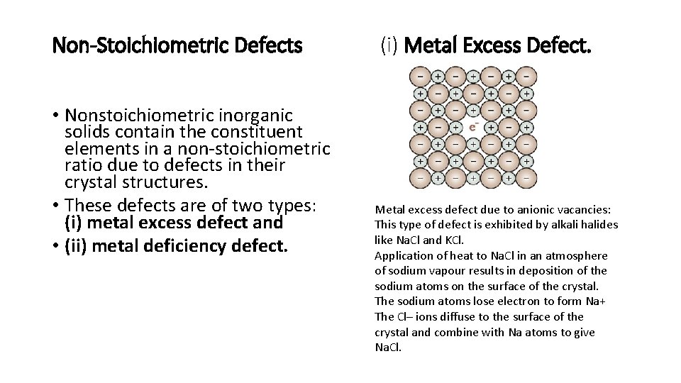 Non-Stoichiometric Defects • Nonstoichiometric inorganic solids contain the constituent elements in a non-stoichiometric ratio