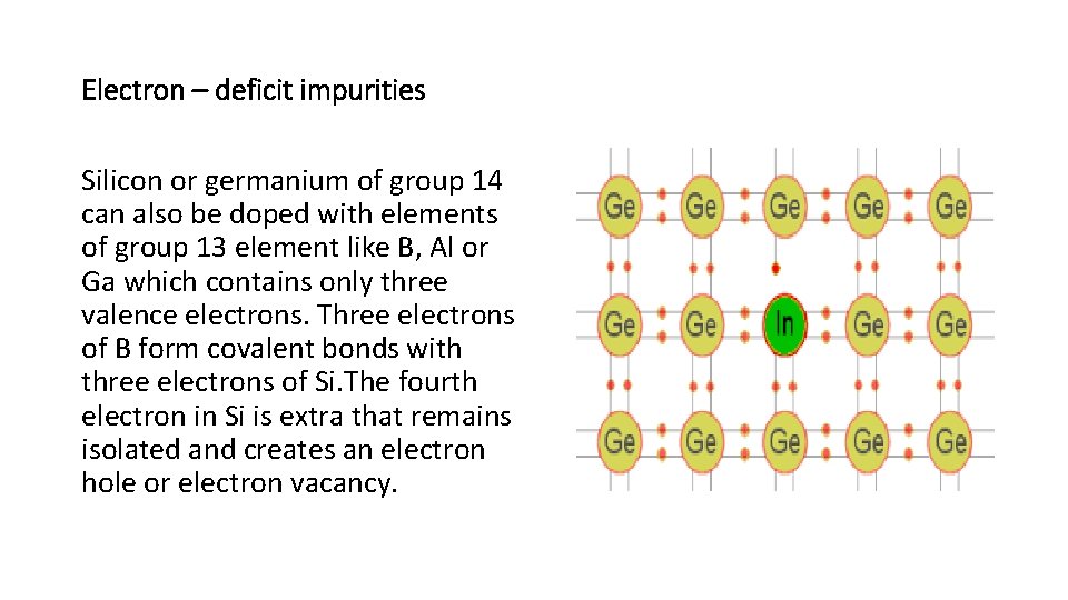 Electron – deficit impurities Silicon or germanium of group 14 can also be doped