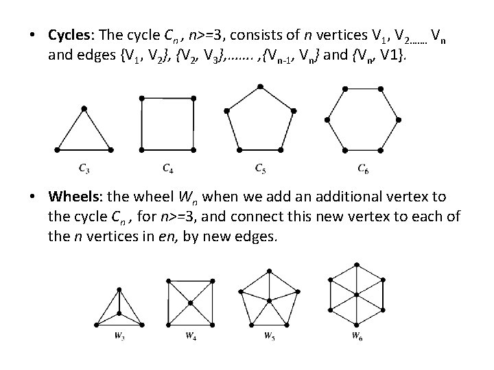  • Cycles: The cycle Cn , n>=3, consists of n vertices V 1,