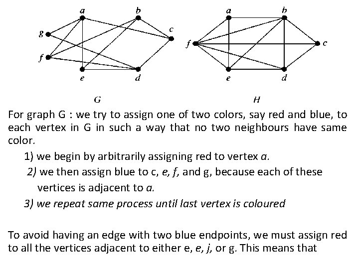 For graph G : we try to assign one of two colors, say red