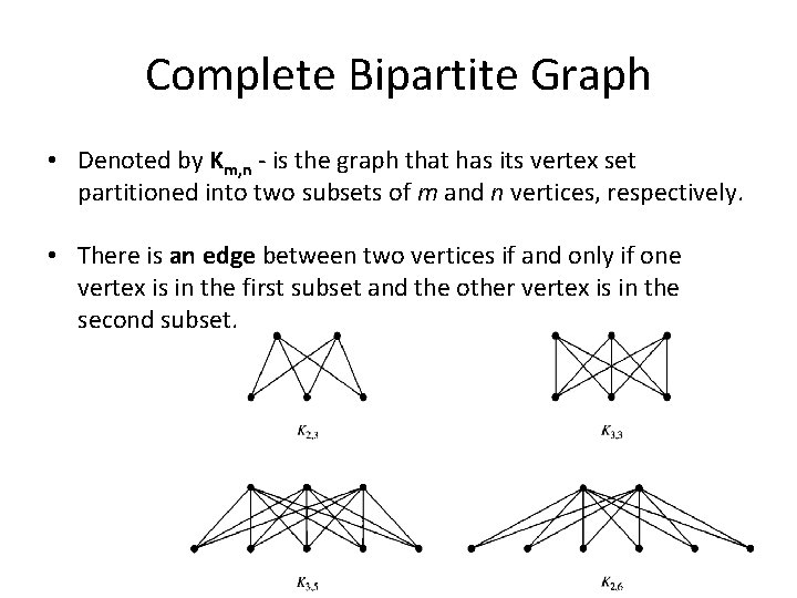 Complete Bipartite Graph • Denoted by Km, n - is the graph that has