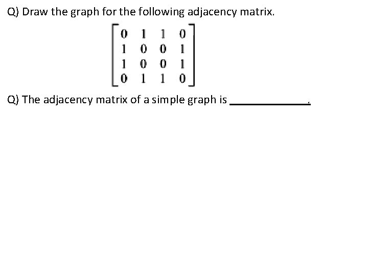 Q) Draw the graph for the following adjacency matrix. Q) The adjacency matrix of