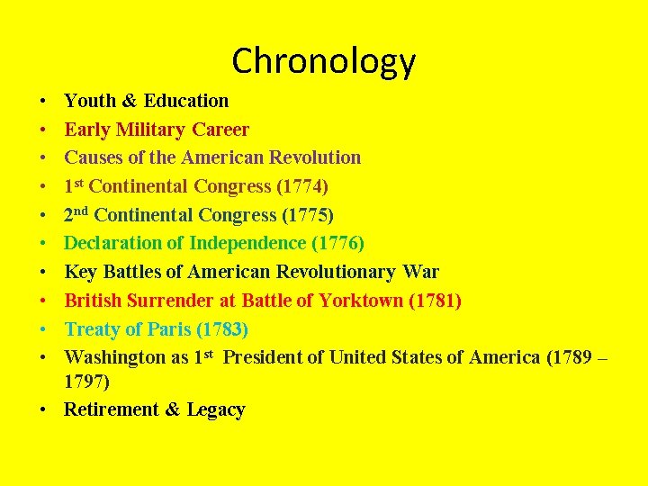 Chronology • • • Youth & Education Early Military Career Causes of the American