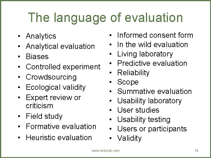 The language of evaluation • • Analytics Analytical evaluation Biases Controlled experiment Crowdsourcing Ecological