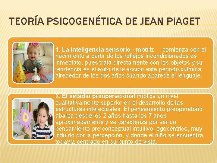 TEORÍA PSICOGENÉTICA DE JEAN PIAGET 1. La inteligencia sensorio - motriz comienza con el