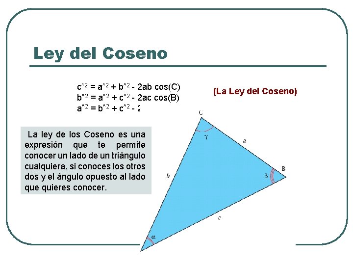 Ley del Coseno c^2 = a^2 + b^2 - 2 ab cos(C) b^2 =