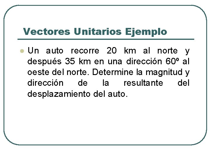 Vectores Unitarios Ejemplo l Un auto recorre 20 km al norte y después 35 Vectores Unitarios Ejemplo l Un auto recorre 20 km al norte y después 35
