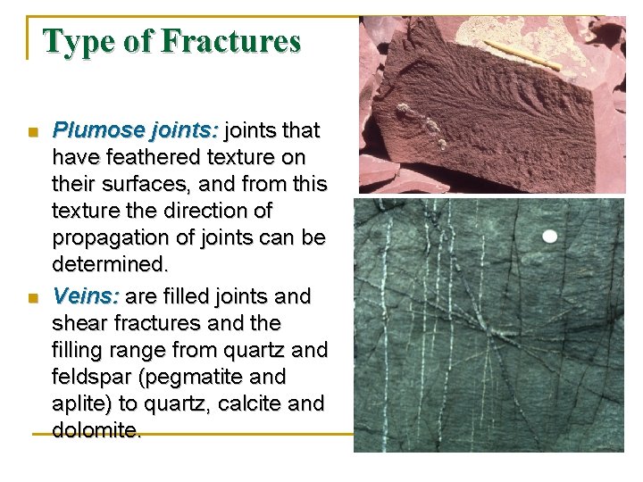 Type of Fractures n n Plumose joints: joints that have feathered texture on their Type of Fractures n n Plumose joints: joints that have feathered texture on their