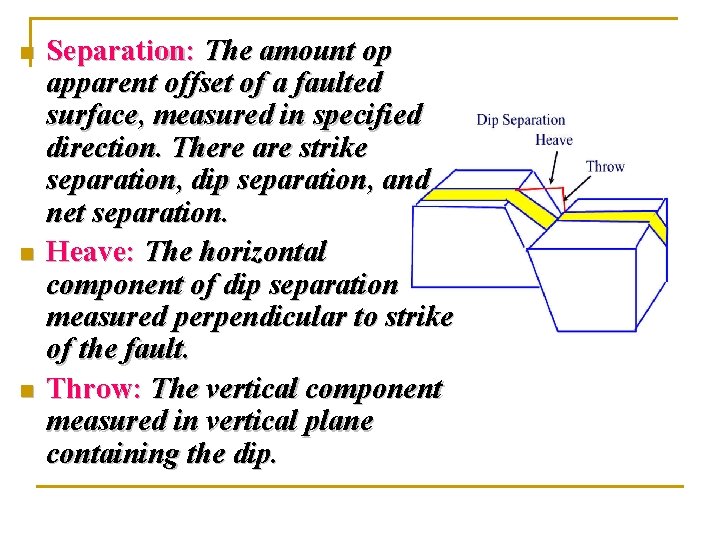 n n n Separation: The amount op apparent offset of a faulted surface, measured