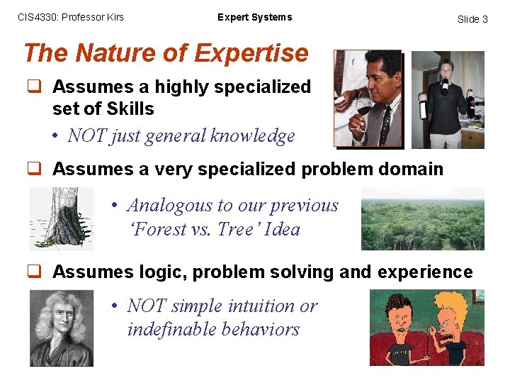CIS 4330: Professor Kirs Expert Systems Slide 3 The Nature of Expertise q Assumes