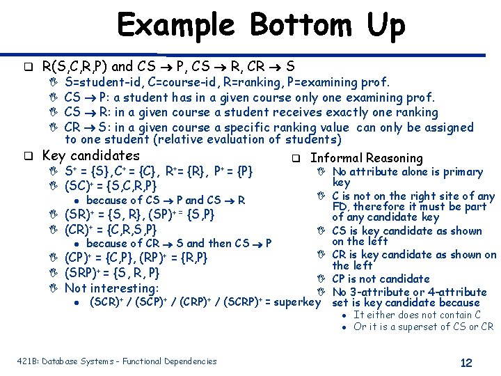 Example Bottom Up q R(S, C, R, P) and CS P, CS R, CR
