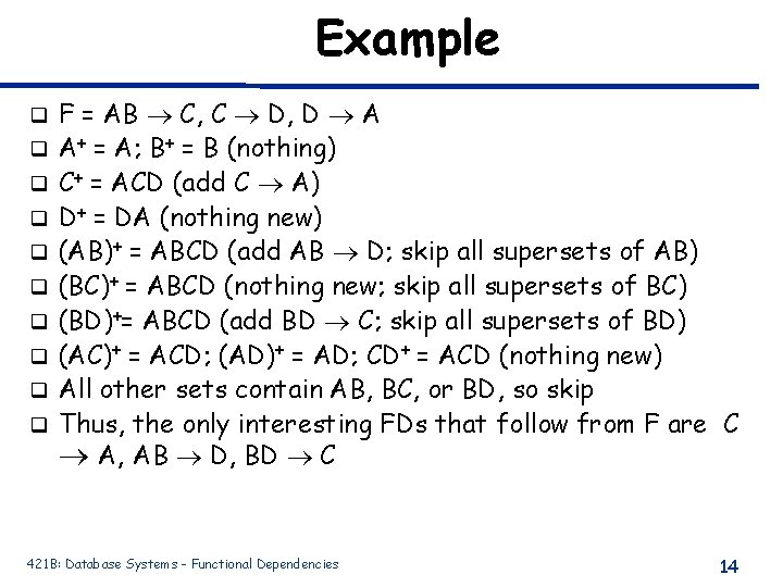 Example q q q q q F = AB C, C D, D A