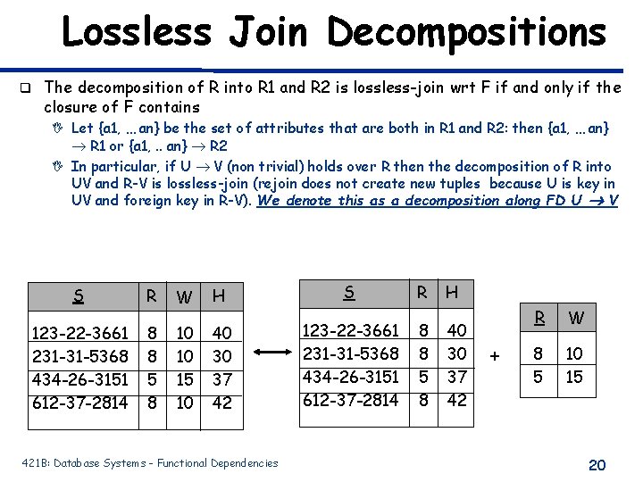 Lossless Join Decompositions q The decomposition of R into R 1 and R 2