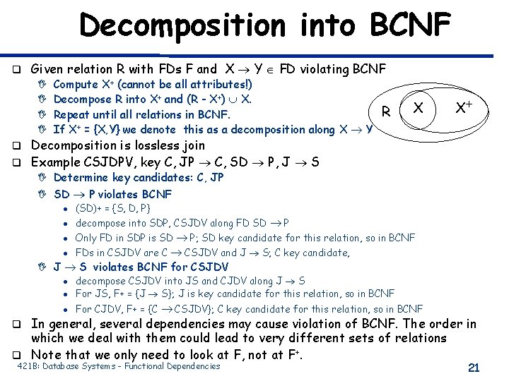 Decomposition into BCNF q Given relation R with FDs F and X Y FD