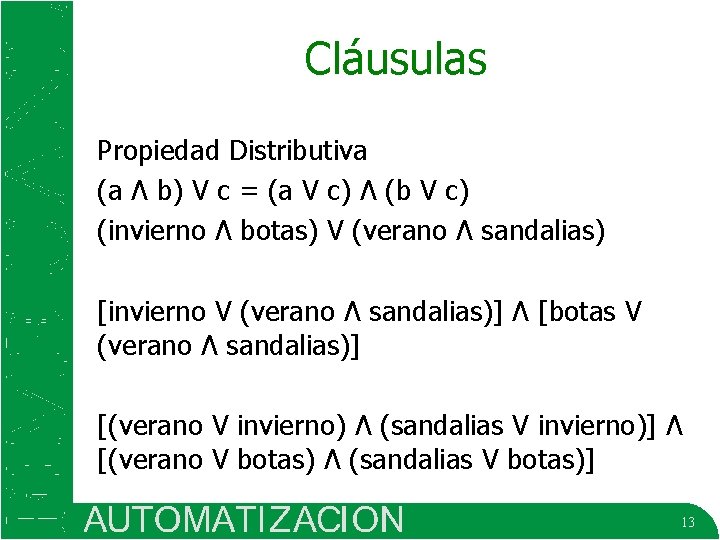 Cláusulas Propiedad Distributiva (a Ʌ b) V c = (a V c) Ʌ (b