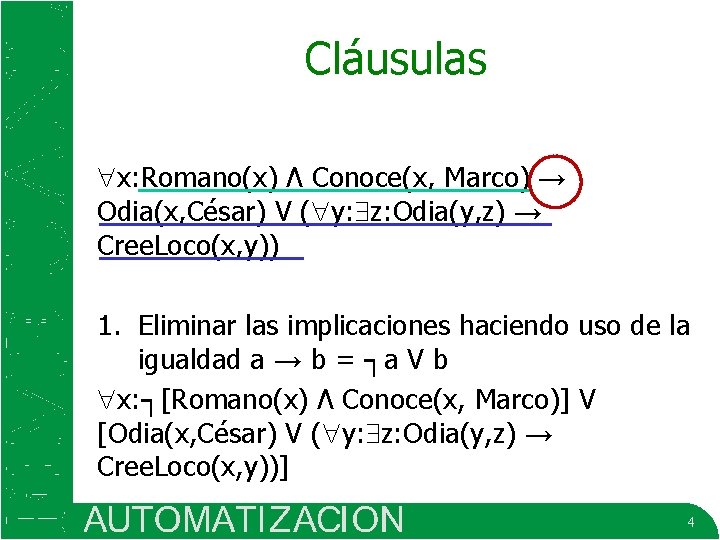 Cláusulas x: Romano(x) Ʌ Conoce(x, Marco) → Odia(x, César) V ( y: z: Odia(y,