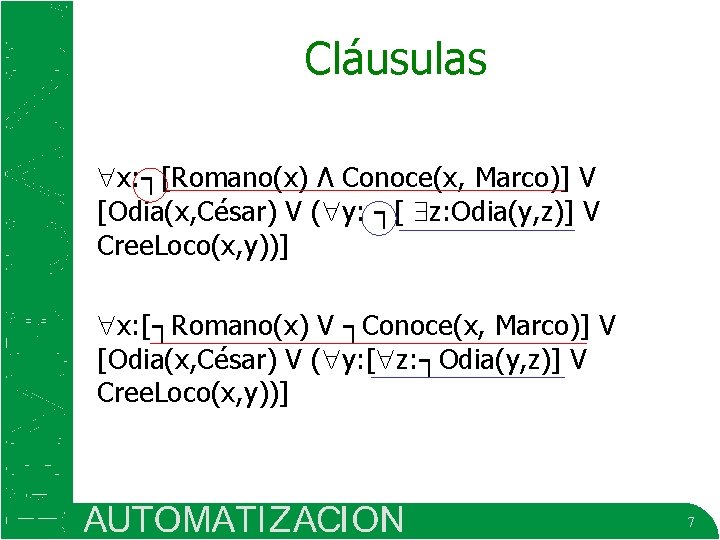 Cláusulas x: ┐[Romano(x) Ʌ Conoce(x, Marco)] V [Odia(x, César) V ( y: ┐[ z: