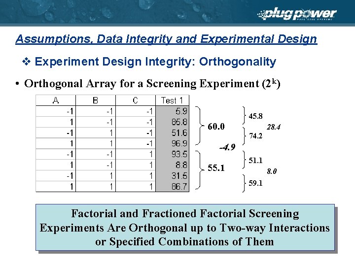 Assumptions, Data Integrity and Experimental Design v Experiment Design Integrity: Orthogonality • Orthogonal Array