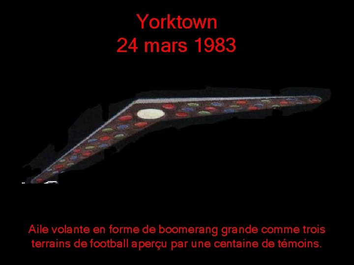 Yorktown 24 mars 1983 Aile volante en forme de boomerang grande comme trois terrains Yorktown 24 mars 1983 Aile volante en forme de boomerang grande comme trois terrains