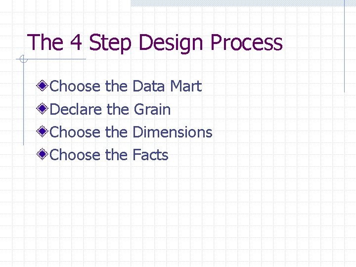The 4 Step Design Process Choose the Data Mart Declare the Grain Choose the