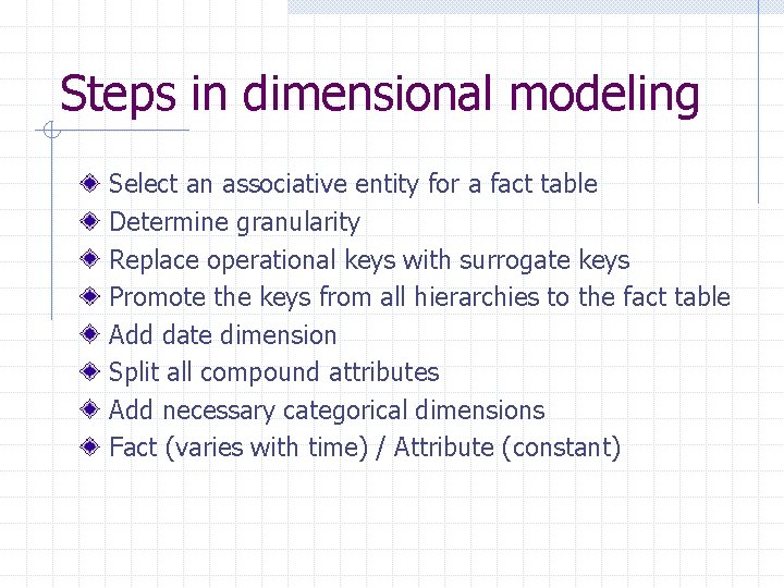 Steps in dimensional modeling Select an associative entity for a fact table Determine granularity