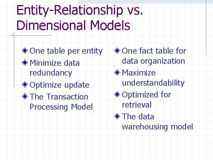 Entity-Relationship vs. Dimensional Models One table per entity Minimize data redundancy Optimize update The