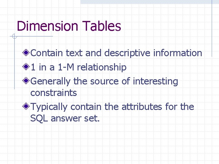 Dimension Tables Contain text and descriptive information 1 in a 1 -M relationship Generally