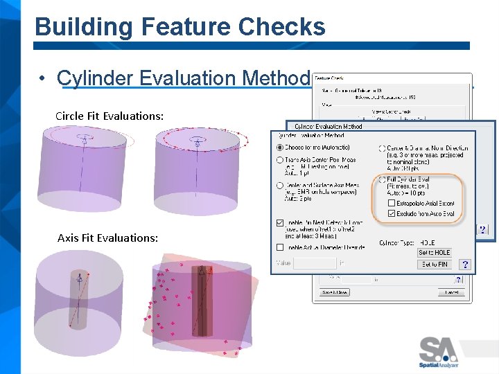 Building Feature Checks • Cylinder Evaluation Method Circle Fit Evaluations: Axis Fit Evaluations: 