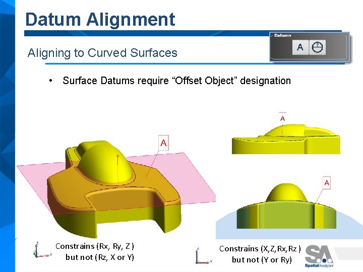 Datum Alignment Aligning to Curved Surfaces • Surface Datums require “Offset Object” designation Constrains