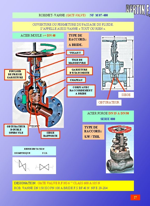  ROBINET- VANNE (GATE VALVE) NF M 87 -400 OUVERTURE OU FERMETURE DU PASSAGE