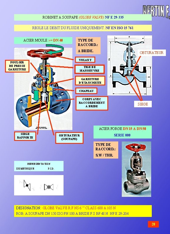  ROBINET A SOUPAPE (GLOBE VALVE) NF E 29 -335 REGLE LE DEBIT DU