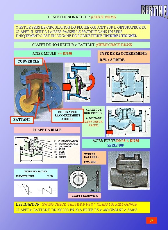  CLAPET DE NON RETOUR (CHECK VALVE) C’EST LE SENS DE CIRCULATION DU FLUIDE