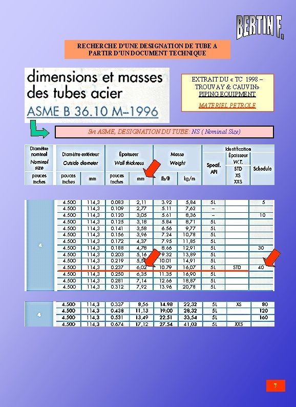 RECHERCHE D’UNE DESIGNATION DE TUBE A PARTIR D’UN DOCUMENT TECHNIQUE EXTRAIT DU « TC