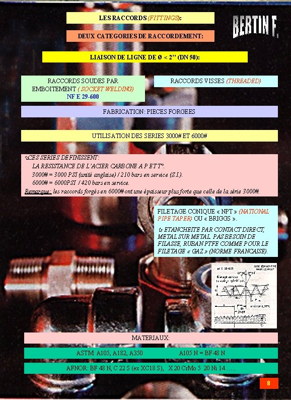 LES RACCORDS (FITTINGS): DEUX CATEGORIES DE RACCORDEMENT: LIAISON DE LIGNE DE Ø < 2’’