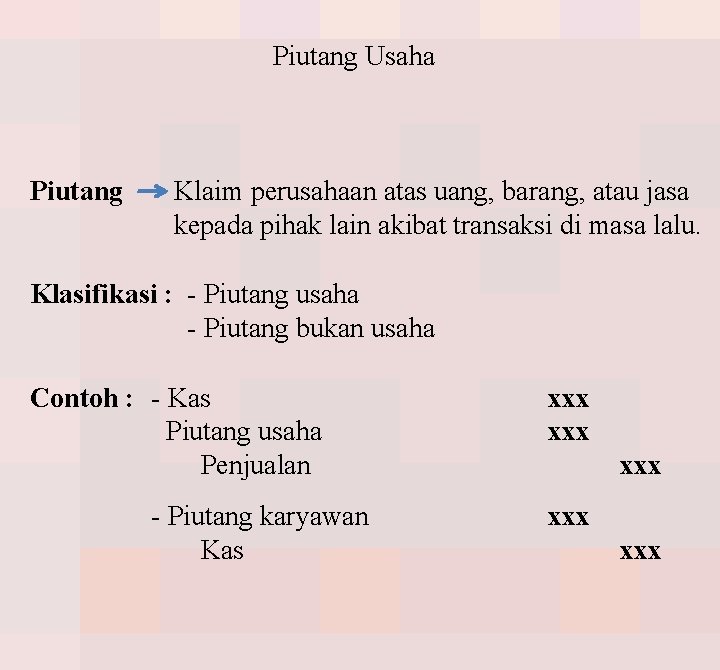 Piutang Usaha Piutang Klaim perusahaan atas uang, barang, atau jasa kepada pihak lain akibat