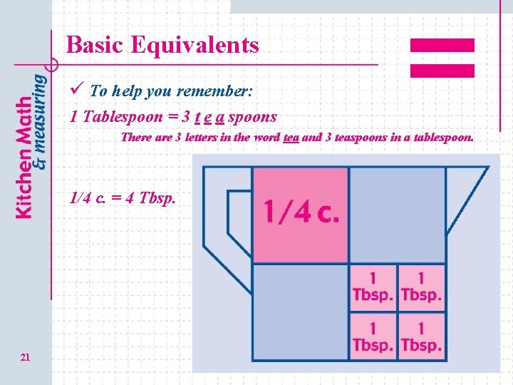 Basic Equivalents ü To help you remember: 1 Tablespoon = 3 t e a