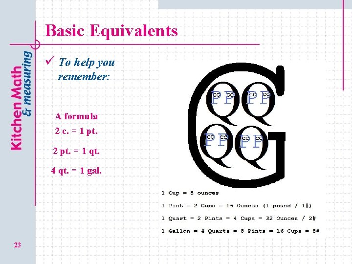 Basic Equivalents ü To help you remember: A formula 2 c. = 1 pt.